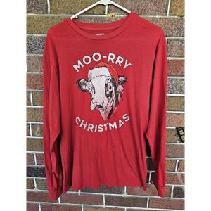 Women's Holiday Winter Moo-rry Christmas Cow Merry Long Sleeve T-Shirt Medium